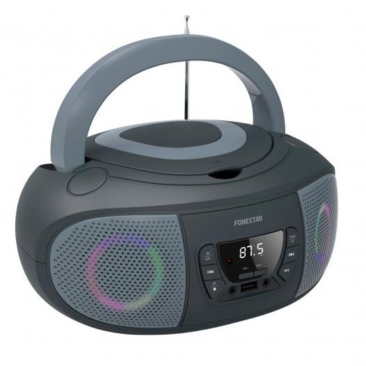 Fonestar Radio CD Boombox Portátil con Bluetooth, FM, USB/MP3, Entrada Aux, Salida Auriculares y Efectos Luminosos - Gris